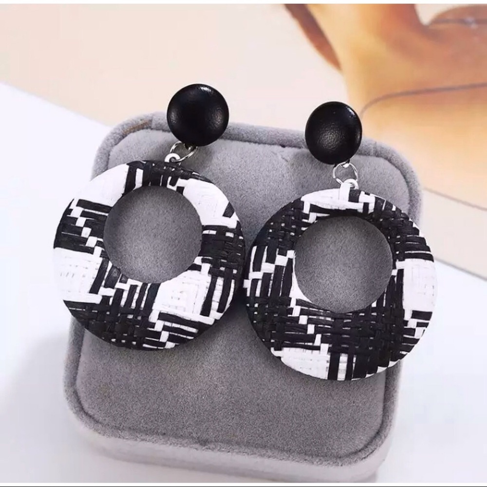 Handmade bamboo black and white drop earrings